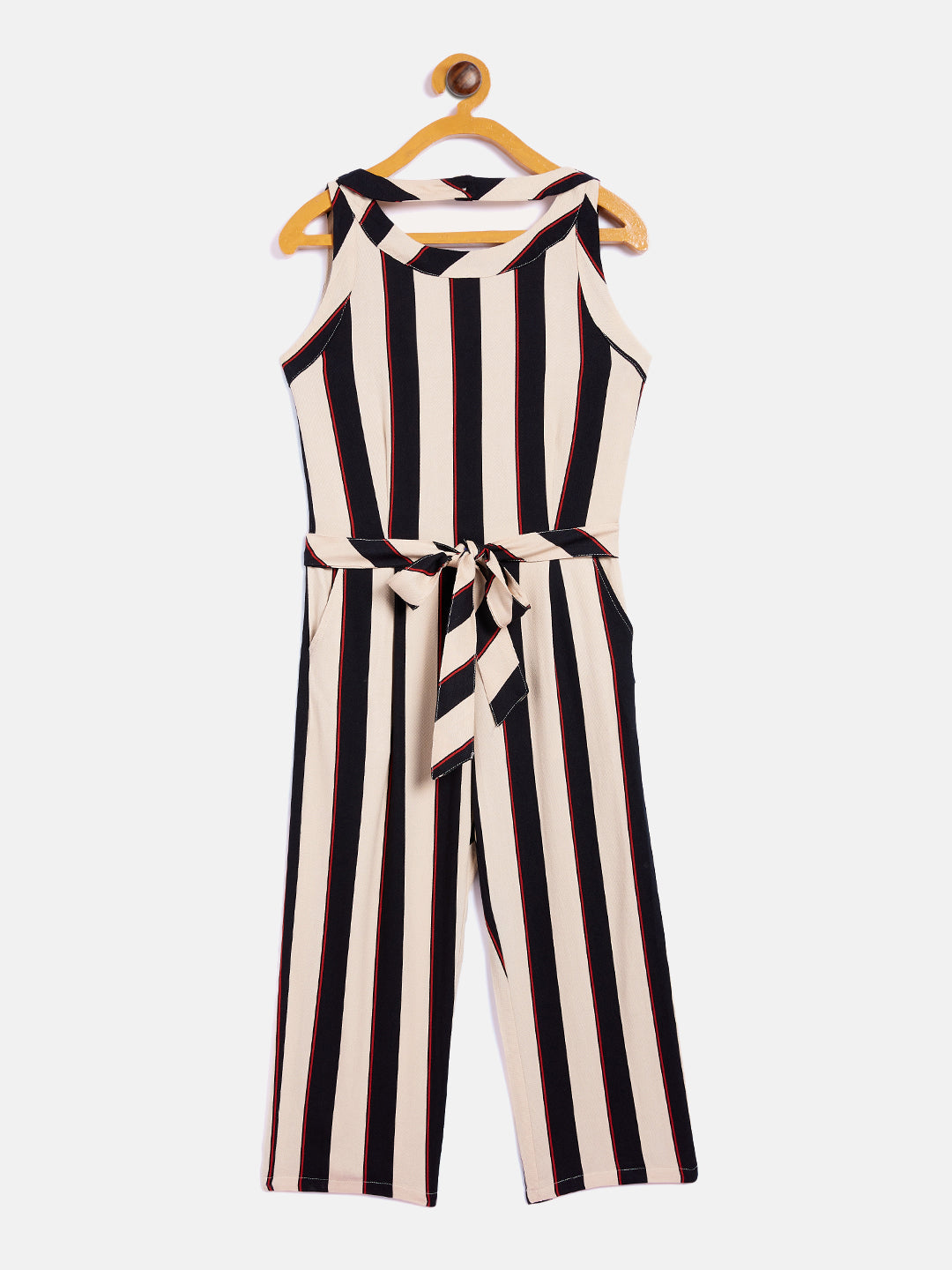 Black Striped Round Neck Jumpsuit - Girls Jumpsuit
