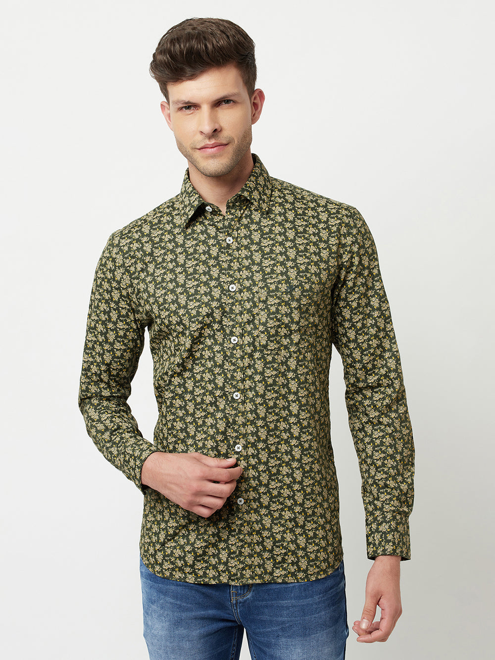 Olive Floral Printed Shirt-Men Shirts-Crimsoune Club