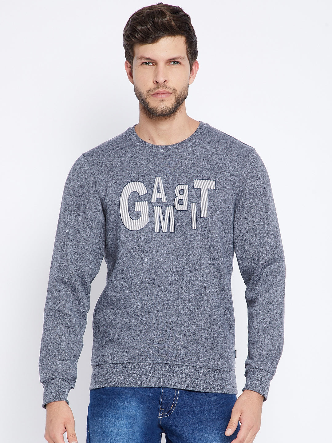 Blue Printed Round Neck Sweatshirt - Men Sweatshirts