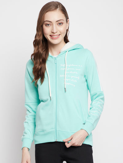 Mint Green Printed Hooded Sweatshirt - Women Sweatshirts