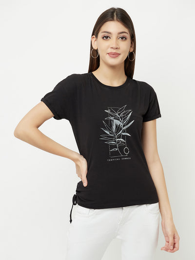 Black Printed Round Neck T-Shirt With Knot - Women T-Shirts