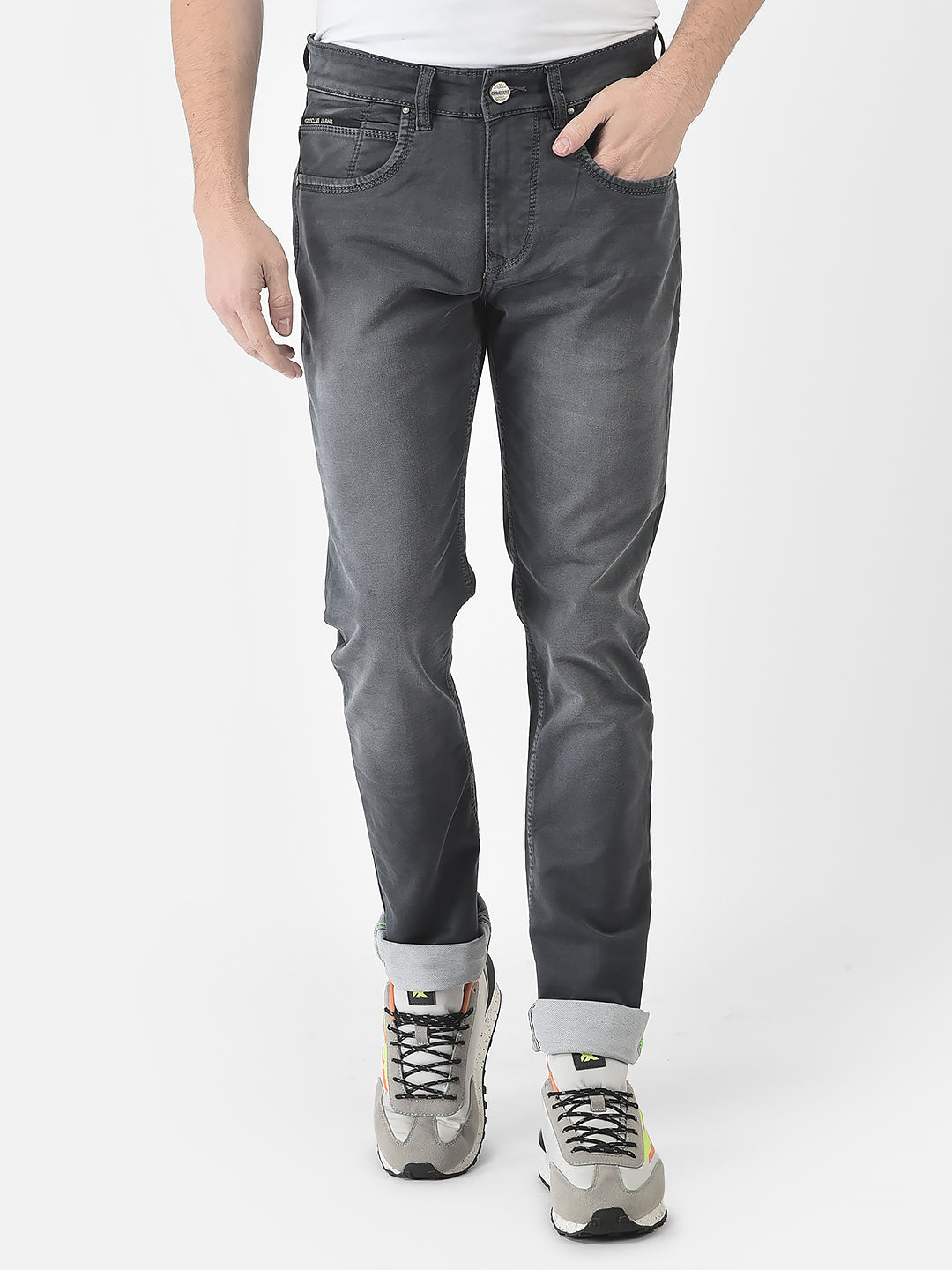 Rare Rabbit Men's Velles Dark Grey Mid Wash Mid-Rise Slim Fit Jeans