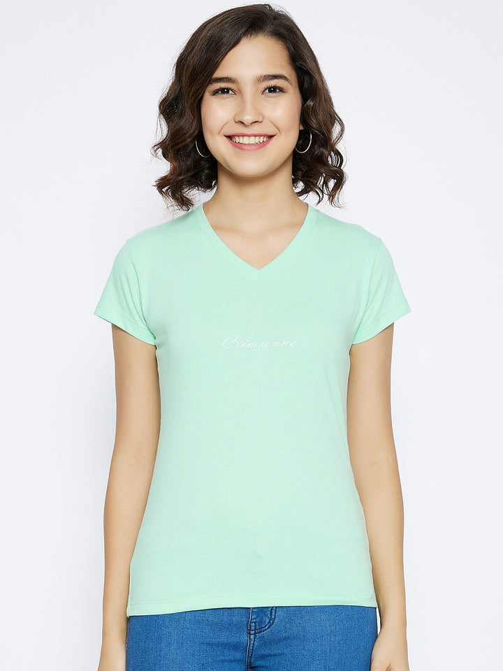 Green Printed V-Neck T-shirt - Women T-Shirts