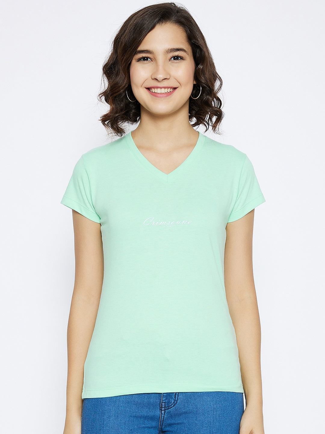 Green Printed V-Neck T-shirt - Women T-Shirts