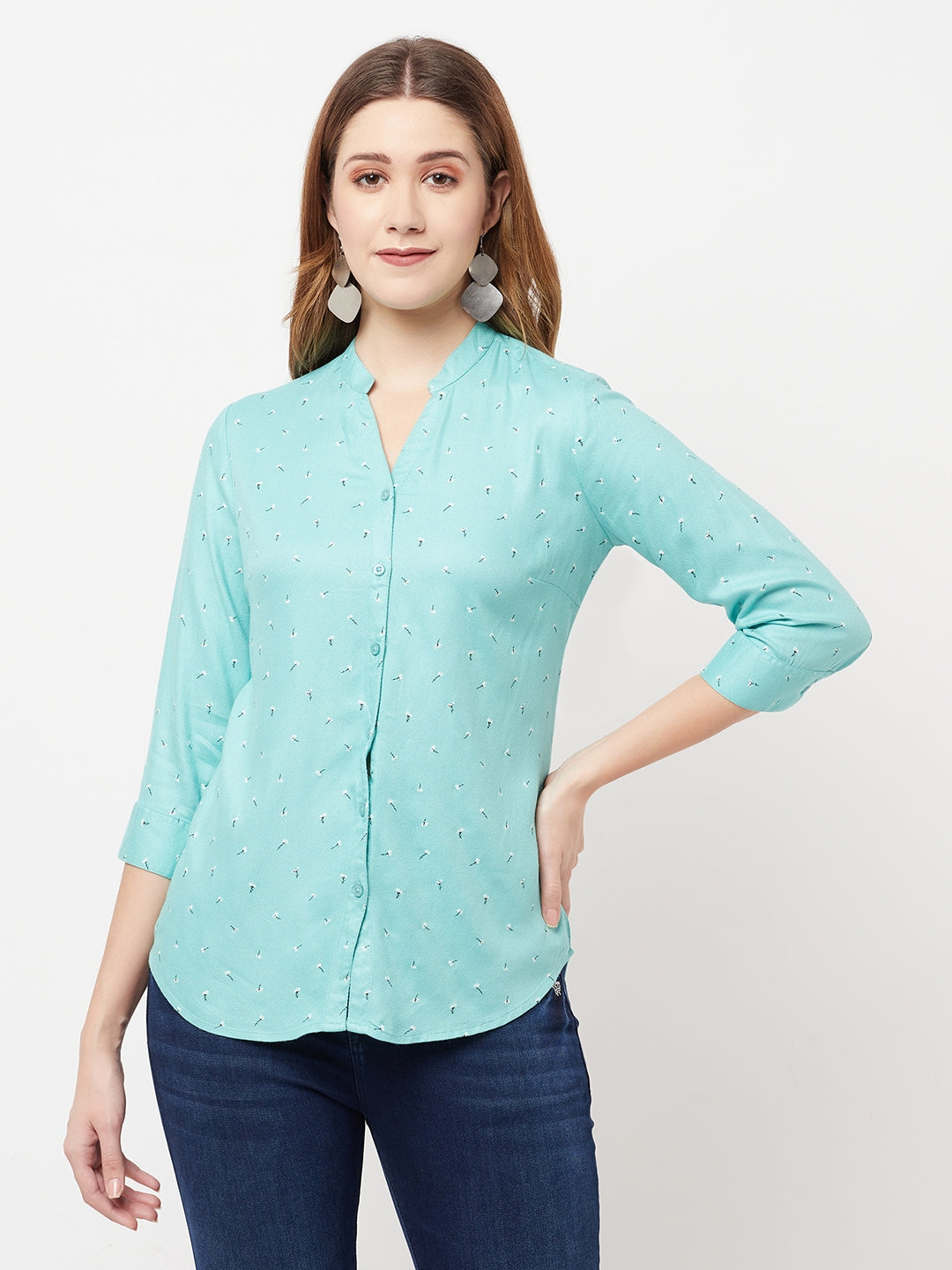 Mint-Green Floral Printed V-Neck Shirt - Women Shirts