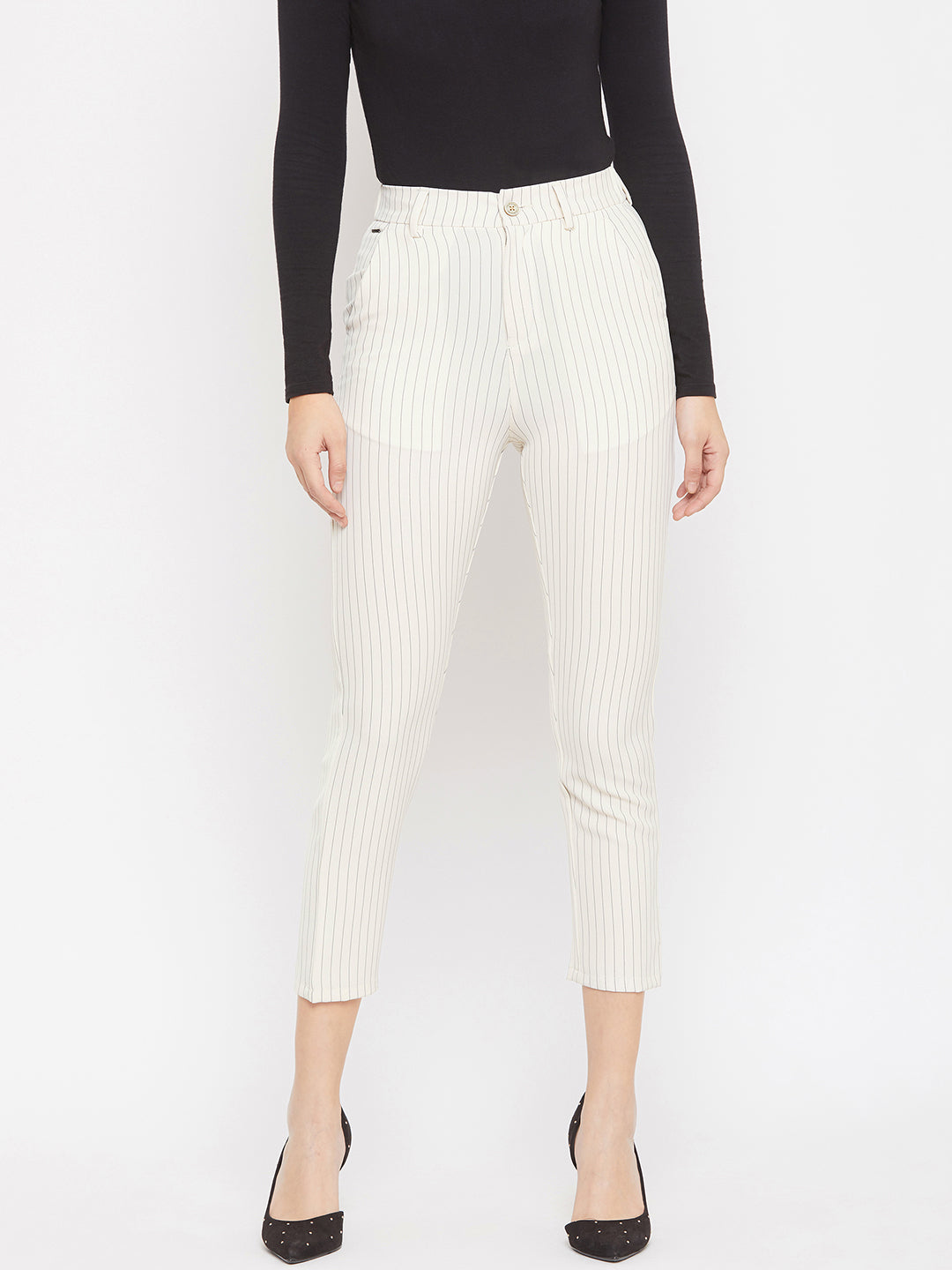 Cream Striped Trousers - Women Trousers