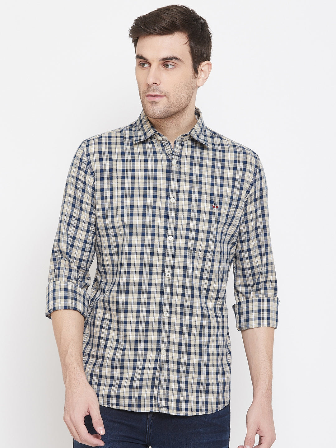 Beige Checked Spread Collar Slim Fit Shirt - Men Shirts