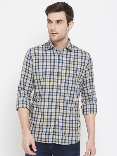 Beige Checked Spread Collar Slim Fit Shirt - Men Shirts