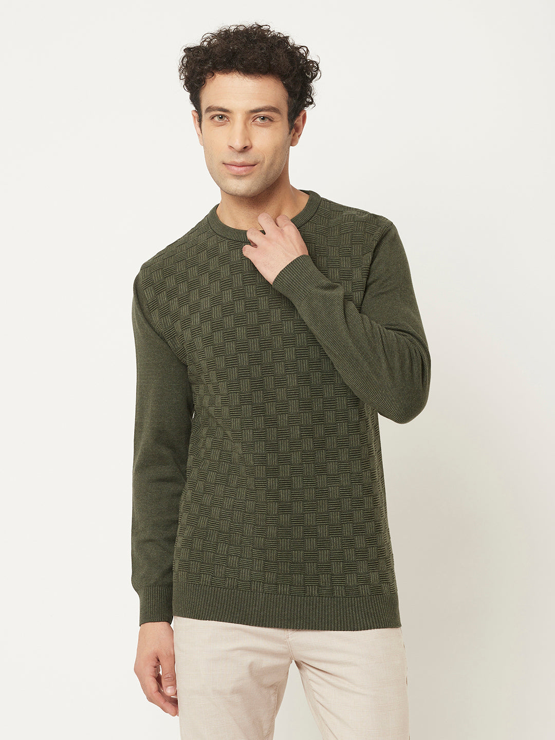 Army Green Sweater in Self Design Pattern