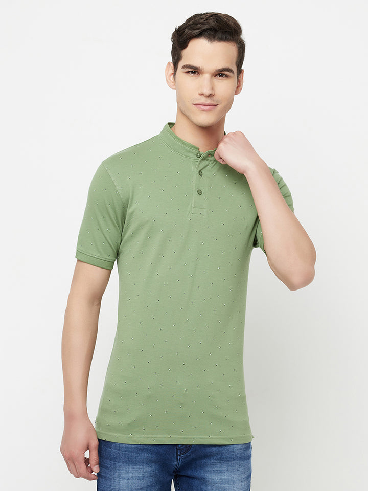 Olive Printed Mandarin Collar T-Shirt