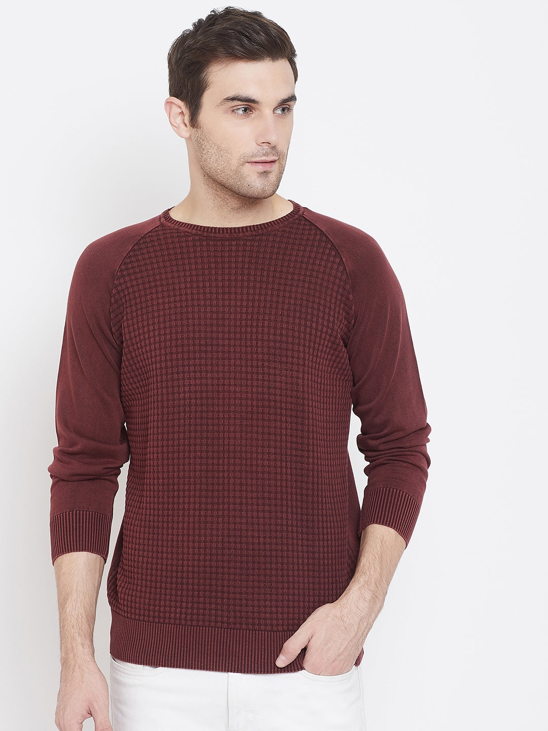 Maroon Self Design Round Neck Sweater - Men Sweaters
