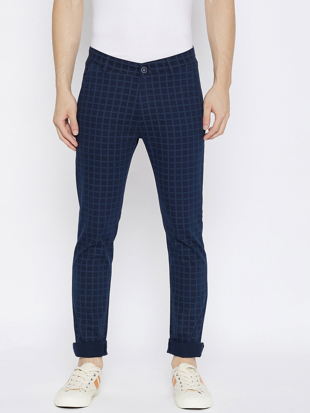 Blue Checked Slim Fit Trousers - Men Trousers