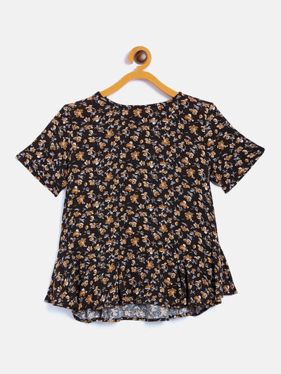 Black Printed Round Neck Top - Girls Tops