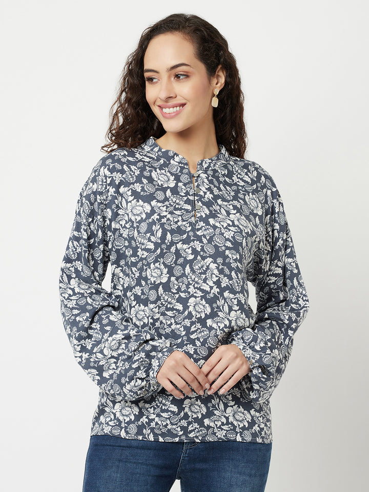 Grey Floral Printed Top-Women Tops-Crimsoune Club