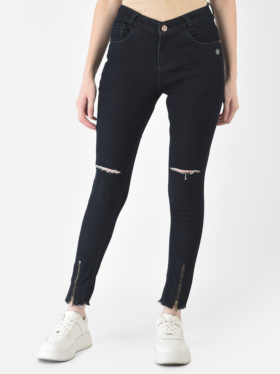 Navy Blue Slash Knee Jeans - Women Jeans