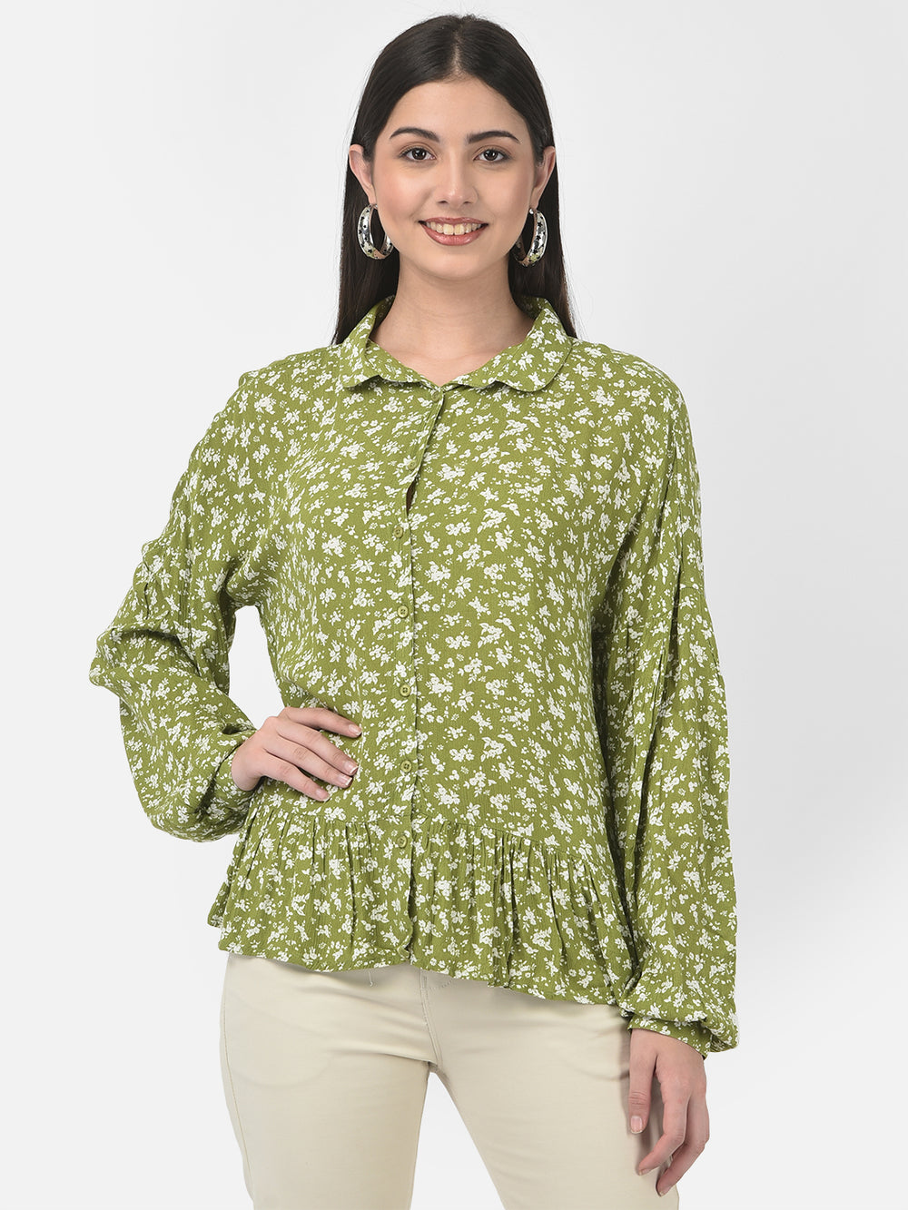 Ruffle Floral Button-Down Top-Women Tops-Crimsoune Club
