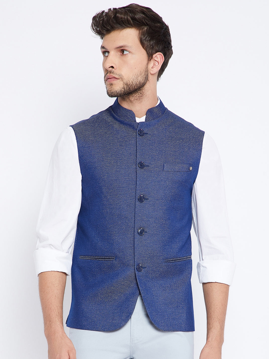 Blue Printed Waistcoat - Men Waist Coat
