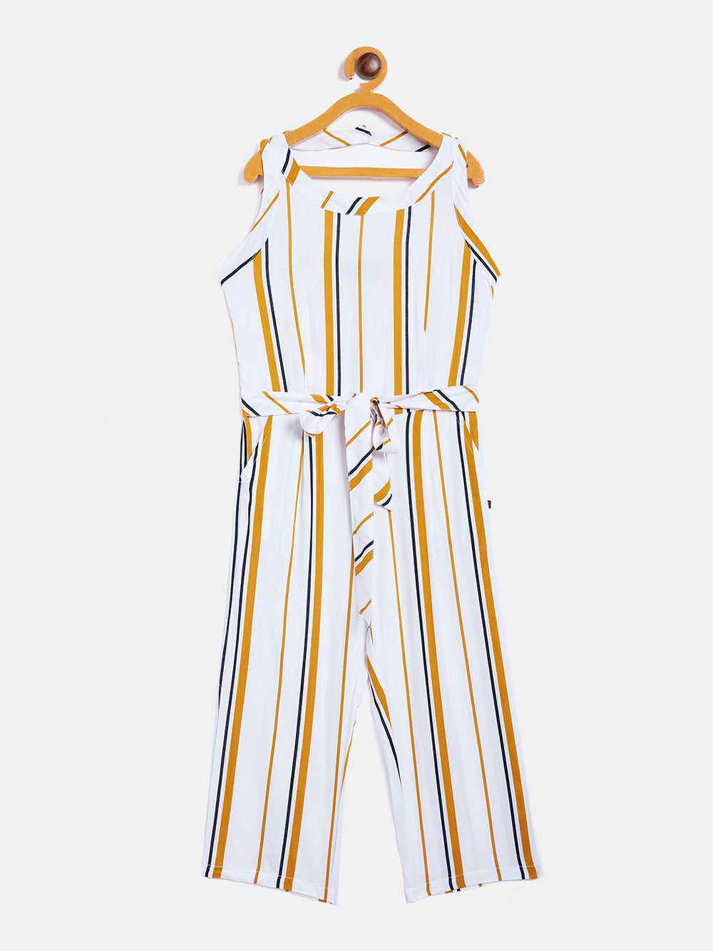 Yellow Striped Round Neck Jumpsuit - Girls Jumpsuit