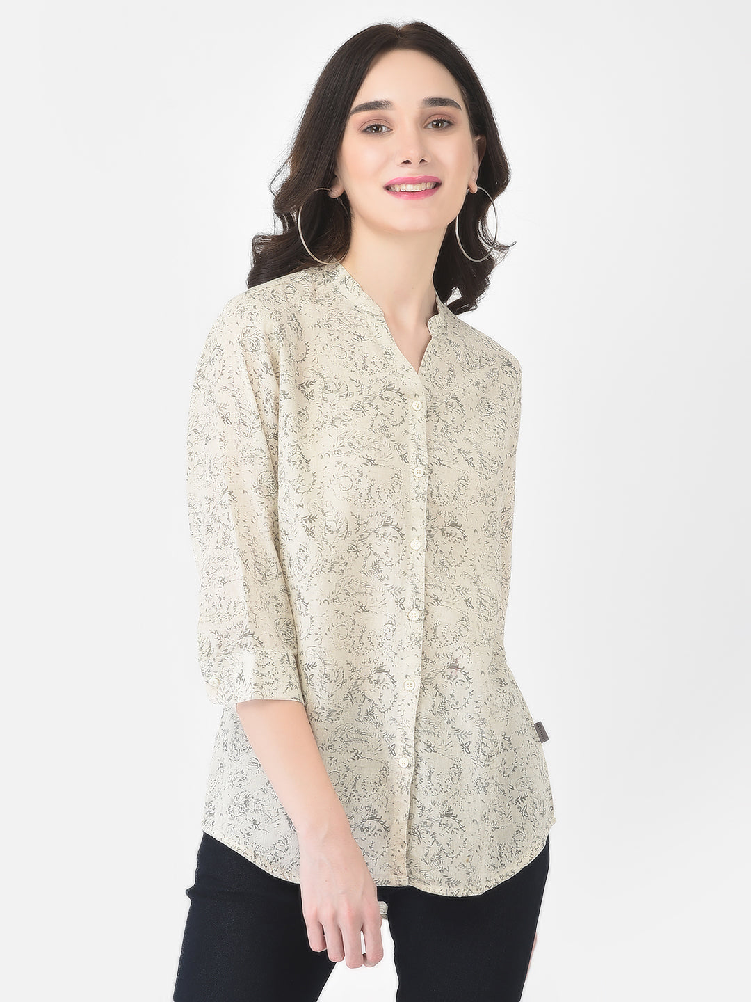 Beige Floral Printed Linen Shirt - Women Shirts