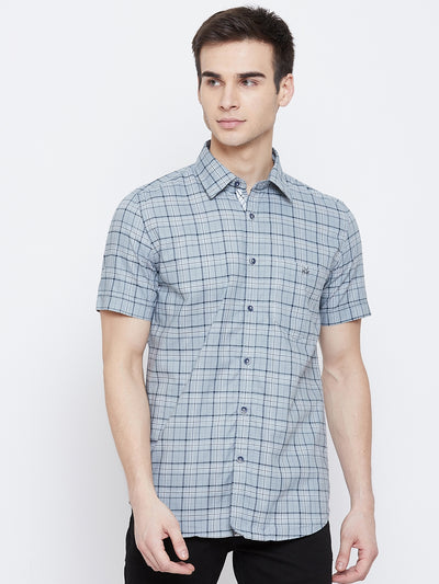 Grey Checked Spread Collar Slim Fit Shirt - Men Shirts