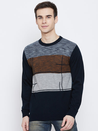 Navy Blue Colorblocked Round Neck Sweater - Men Sweaters