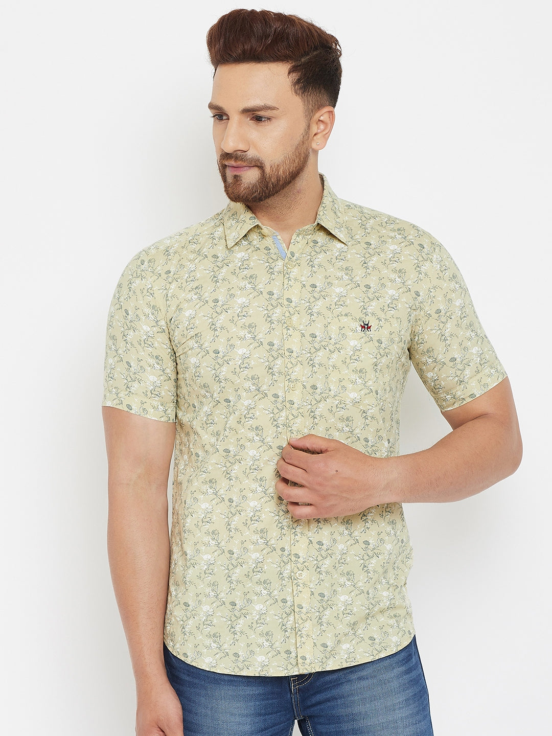 Beige Printed Floral Shirt - Men Shirts