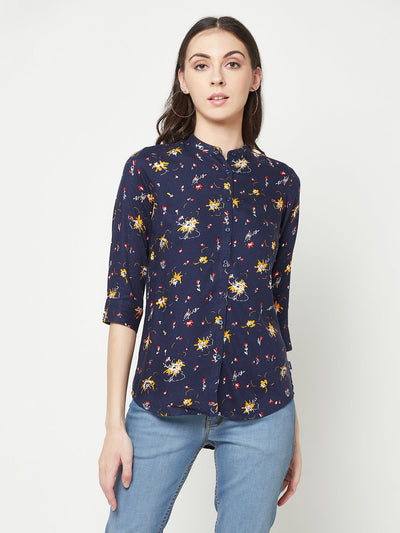  Navy Blue Floral Mandarin Shirt