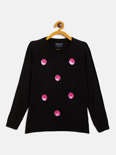 Black Embellished Round Neck Sweater - Girls Sweaters