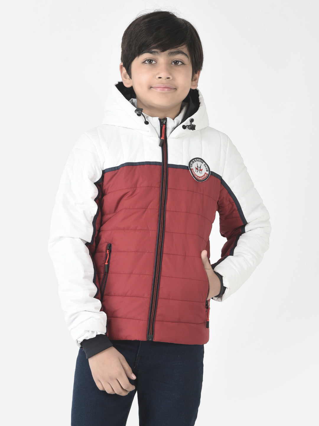  Red Colour-Blocked Hooded Jacket