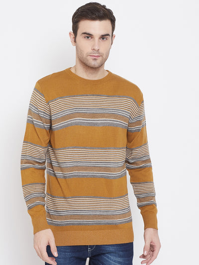 Mustard Striped Round Neck Sweater - Men Sweaters