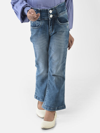  Blue Boot Cut Jeans with Light Wash Detailing 