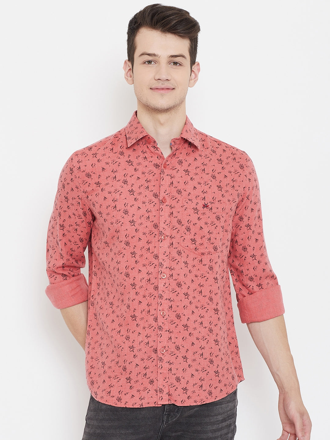 Pink Printed Spread Collar Slim Fit Shirt - Men Shirts