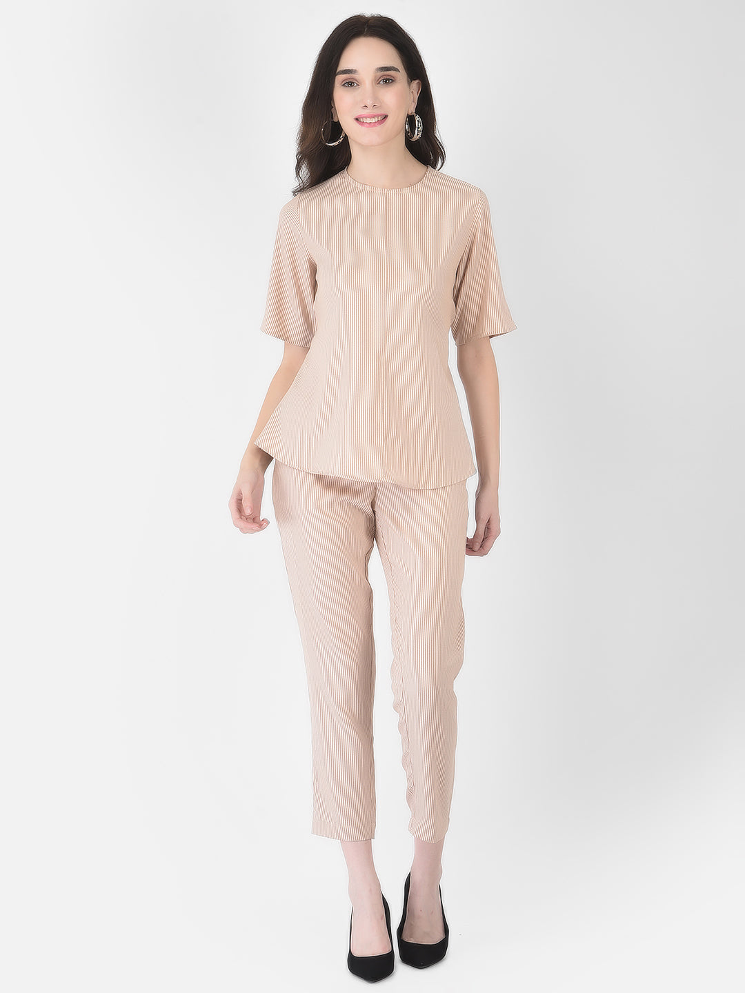 Beige Striped Co-Ord Set - Women Co-ord Sets