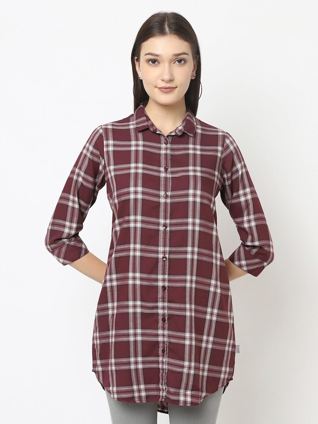 Longline Maroon Checked Shirt in Cotton