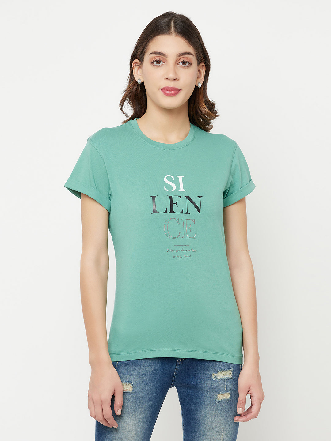 Mint Green Printed Round Neck T-Shirt - Women T-Shirts