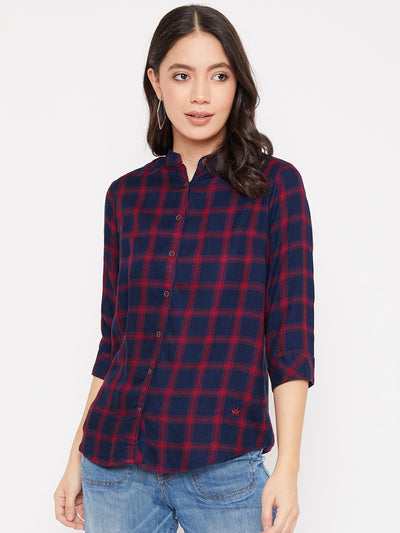 Navy Blue Checked Mandarin Collar Slim Fit Shirt - Women Shirts