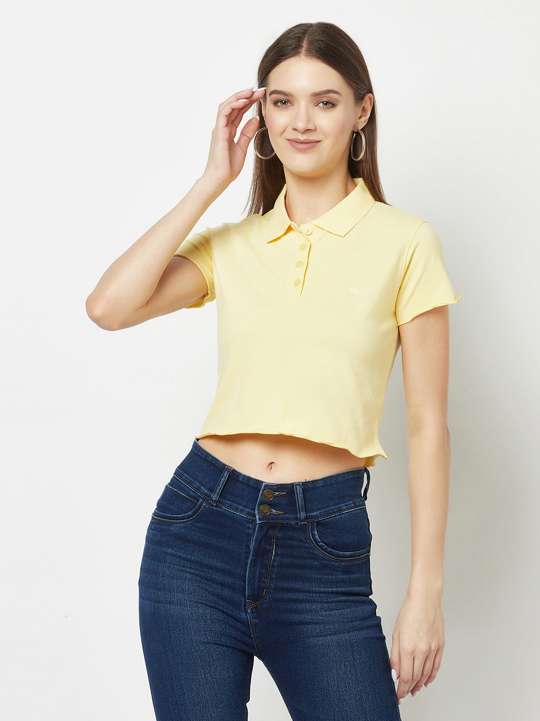 Pale Yellow Cropped Polo T-Shirt-Women T-Shirts-Crimsoune Club