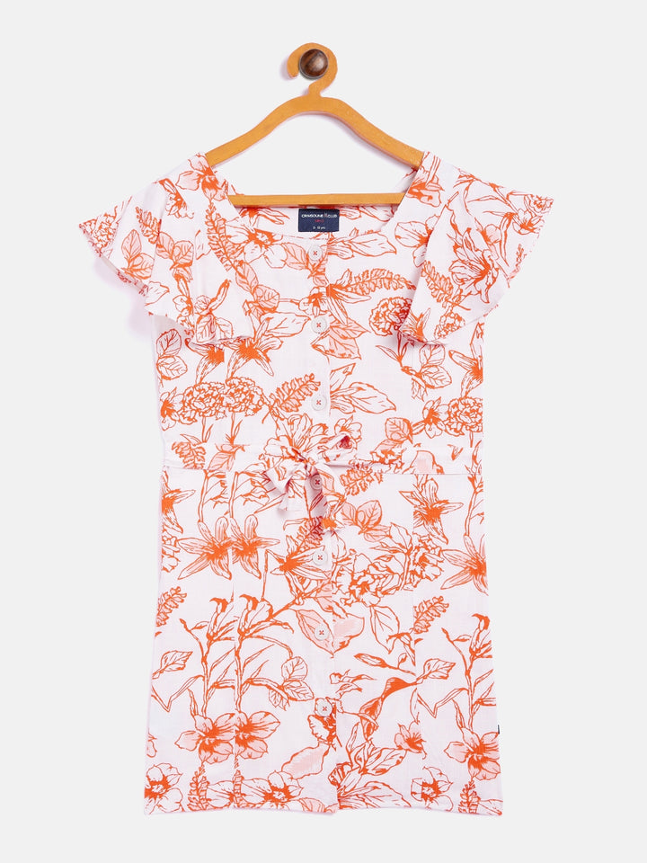 White Printed Square Neck Dress - Girls Dress