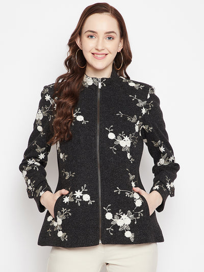 Black Embroidered Mandarin Blazer - Women Blazer