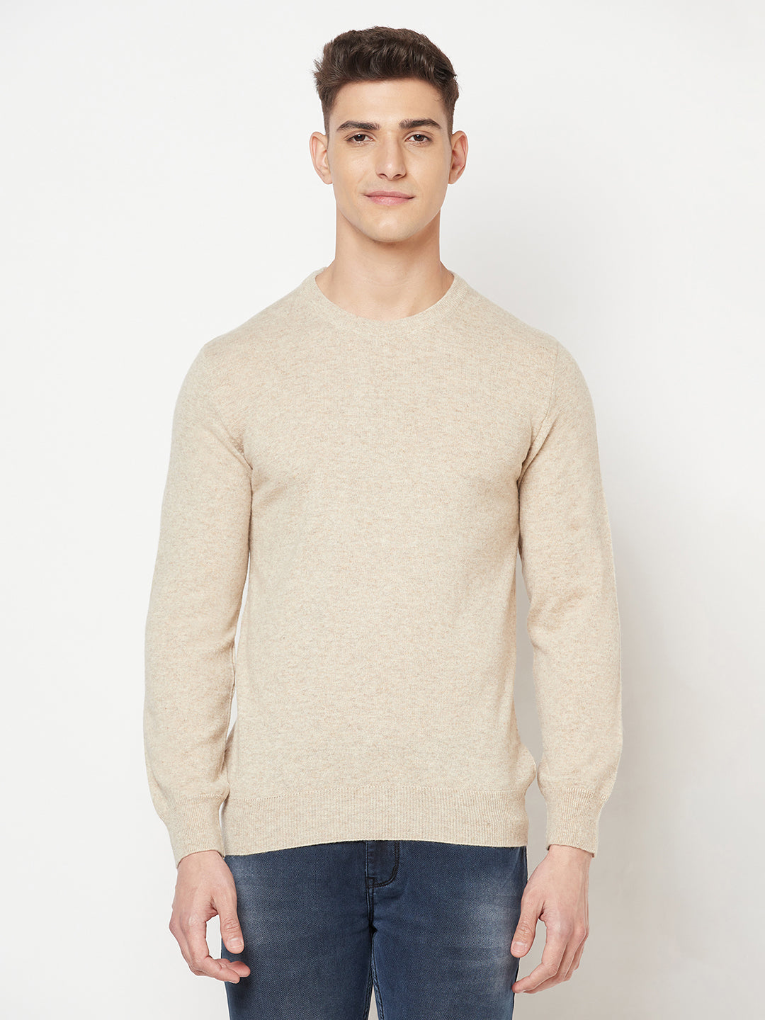 Beige Round Neck Sweater - Men Sweaters