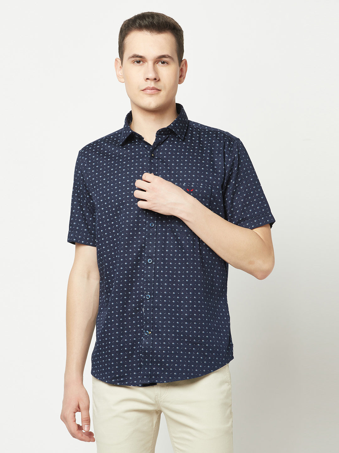  Short-Sleeved Navy Blue Geometric Shirt