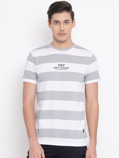 Grey Striped Round Neck T-Shirt - Men T-Shirts