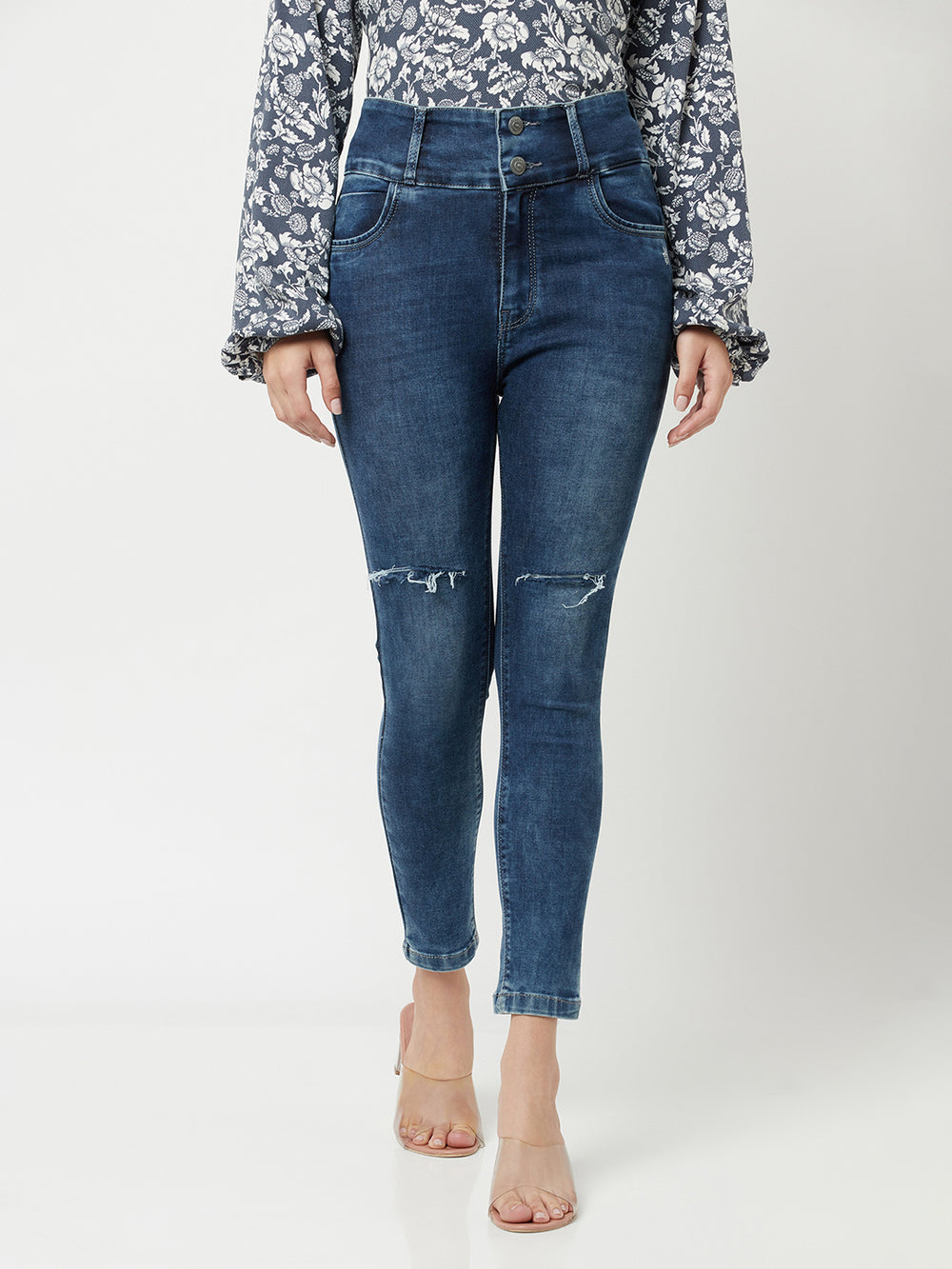 High Waisted Blue Jeans-Women Jeans-Crimsoune Club