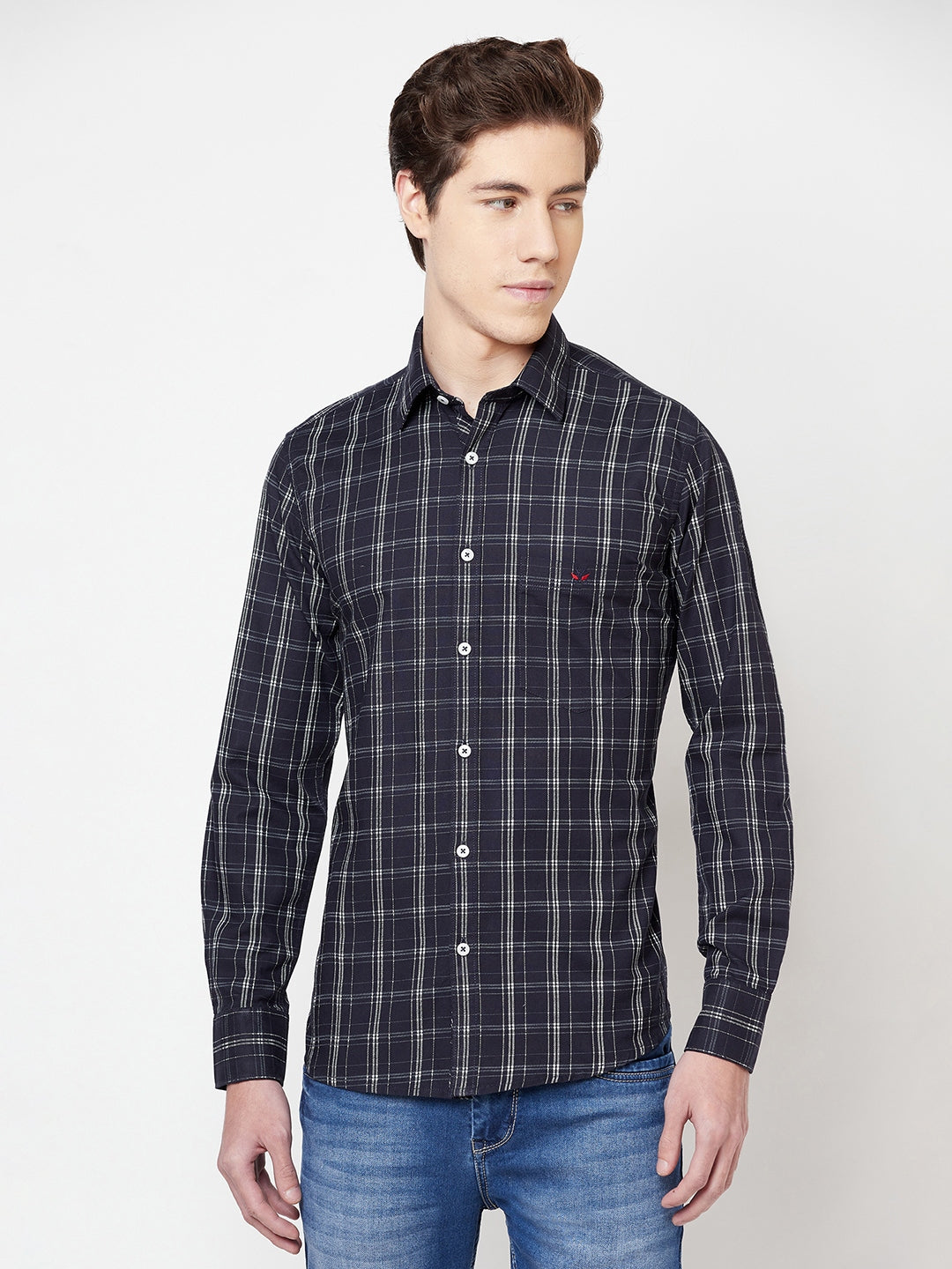 Navy Blue Checked Shirt - Men Shirts