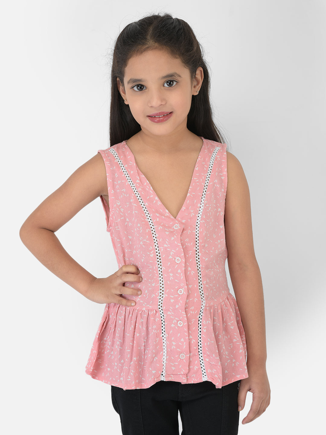 Pink Printed V-Neck Empire Top - Girls Tops