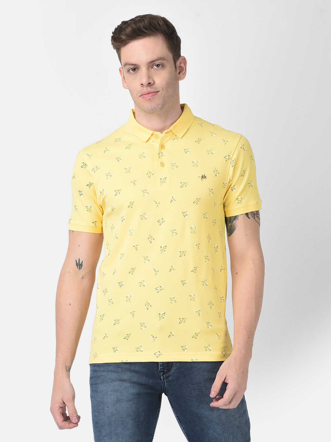 Yellow Floral Polo T-shirt-Men T-Shirts-Crimsoune Club