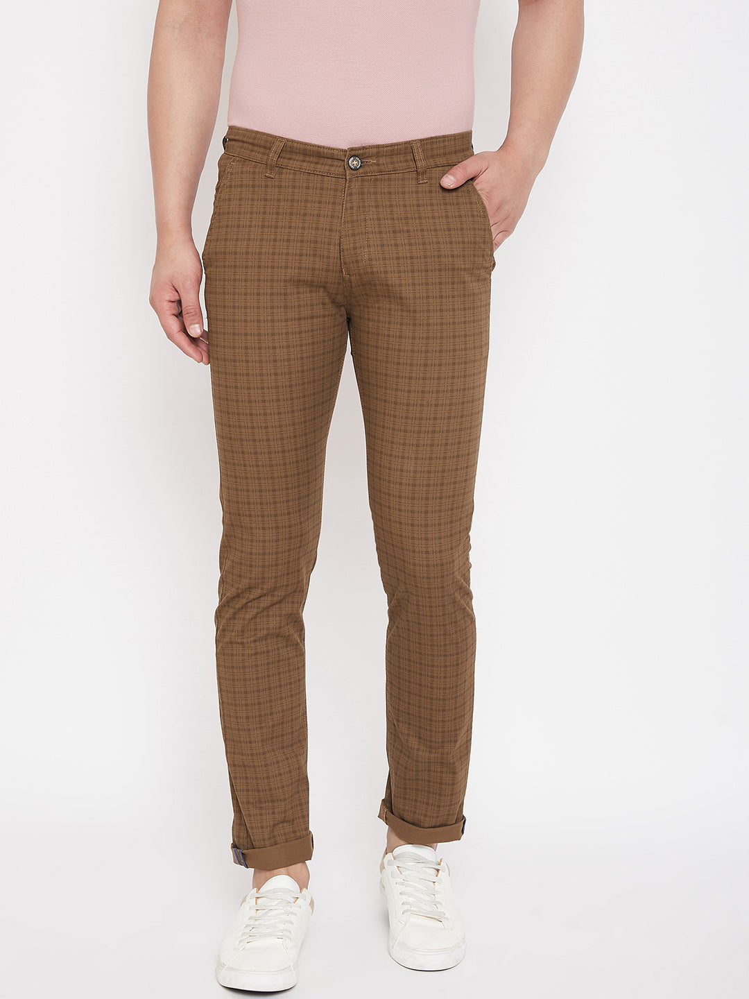 Brown Slim Fit Checked Trousers - Men Trousers