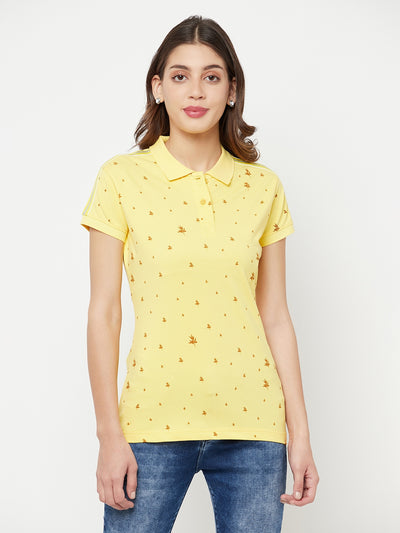 Yellow Floral Printed Polo Collar T-Shirt - Women T-Shirts