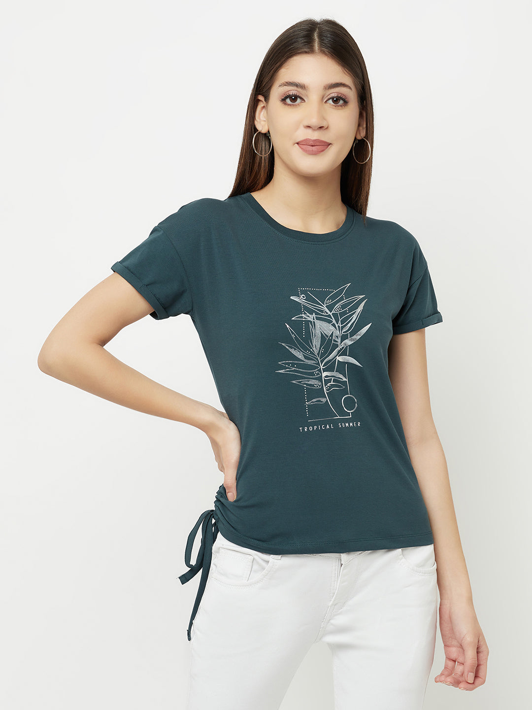 Green Printed Round Neck T-Shirt With Knot - Women T-Shirts