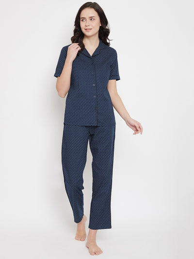 Blue Printed Slim Fit Night Suits - Women Night Suits